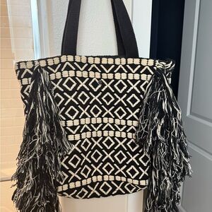 Anthropologie Black and Cream Patterned Tote
